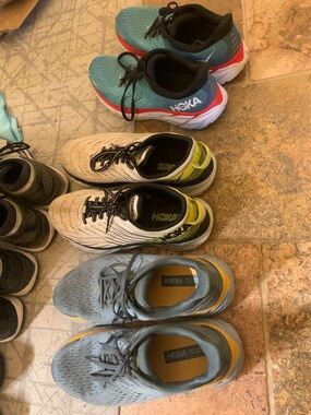 Hoka Running Shoes - Teal/Red, White/Yellow, Gray/Orange + Nike + Addidas